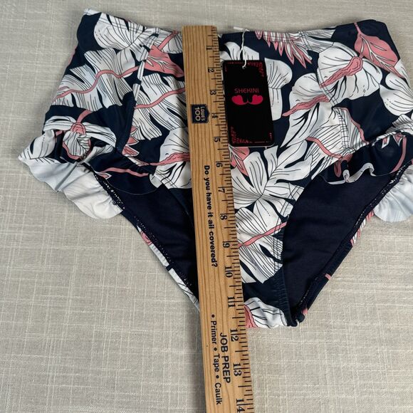 Shekini High Waist Ruffle Bikini‎ Bottom Women’s Size Small Navy White Pink - Picture 10 of 12